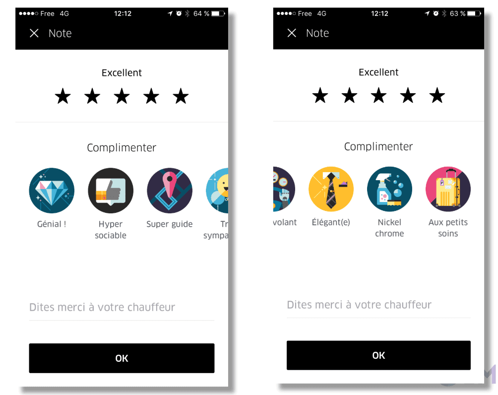 Interface Uber proposant de donner une note au conducteur. L'utilisateur peut également le complimenter  en sélectionnant des picto le représentant.