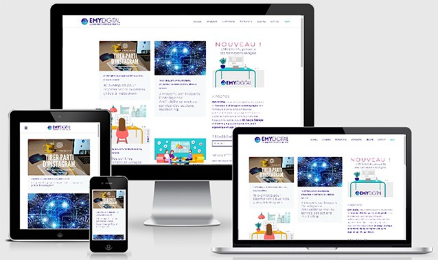 Site Emy Digital sur différents dispositifs numériques. De gauche à droite : Tablette, téléphone, Imac, pc portable